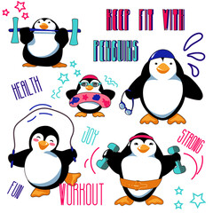 Keep fit with penguins set. Cute cartoon penguins jump, swim and train. Clipart with characters and decoration. Vector illustration.