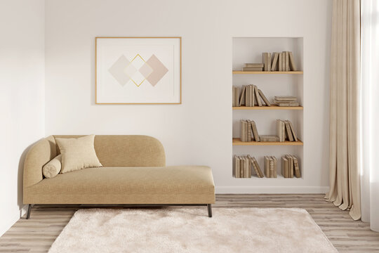 Modern room with a horizontal poster above a couch with a pillow, a niche with books, a window with curtains, a fluffy carpet on a wooden floor. Front view. 3d render