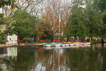 Recreational boats on a lake in D. Carlos park in Caldas da Rainha