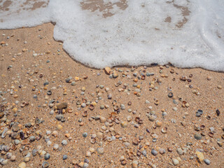 Summer background. Beautiful natural frame formed by white foamy sea wave and sand with seashells.
