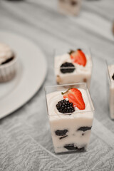 Trifle cake, layered mouse in portioned glass jar. seasonal fresh dessert of sponge cake, ripe berries, custard and fruit juice.