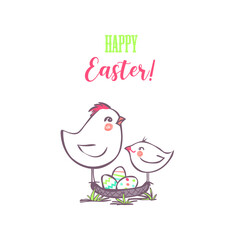 Easter greeting card. Chicken with chick on the nest with easter eggs on a white background. Vector illustration.