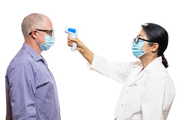 doctor checking patients temperture with infrared thermometer against a white background