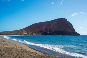 La Tejita beach and The Red Mountain  in El Medano, Tenerife, Canary Islands.