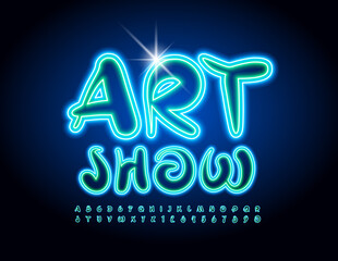 Vector neon poster Art Show. Bright glowing Font. Creative electric light Alphabet Letters and Numbers set