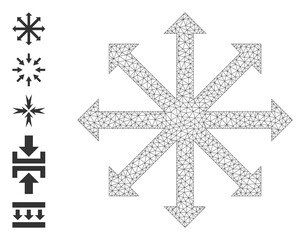 Mesh net expand arrows icon with simple glyphs created from expand arrows vector graphics. Carcass mesh polygonal expand arrows. Linear carcass 2D mesh in eps10 vector format.