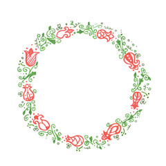 Round floral frame hand-drawing with felt-tip pen isolated on white background design element for invitation, postcard, banner.