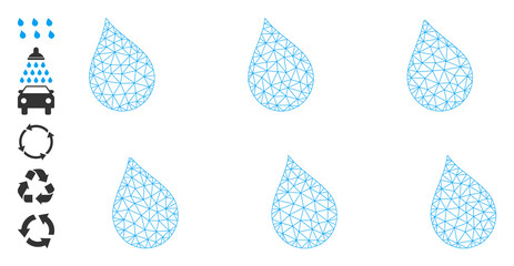 Mesh network drops icon with simple pictograms. Vector model created from drops vector graphics. Frame mesh polygonal drops. Wire frame mesh in vector EPS format.