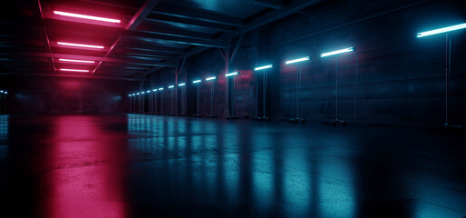 Cyber Neon Purple Blue Red Sci Fi Futuristic Grunge Hangar Retro Warehouse Underground Parking Steel Concrete Cement Tunnel Corridor Industrial Background 3D Rendering © IM_VISUALS