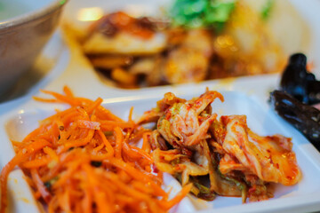 delicious Korean food in the cafe. lunch in a cafe, meeting with friends in a cafe