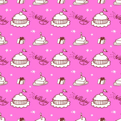 Funny seamless pattern with doodles cakes, gifts, candle and hand drawn word Birthday on pink background. Vector illustration for baby design. Perfect for textile, wallpaper, wrapping paper and more.