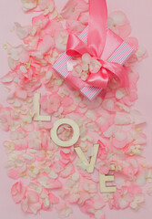 Valentine's day banner postcard or poster for sale in the store. vertically.top view.flat lay