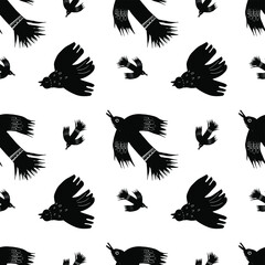 Obraz premium Seamless vector pattern with ethnic black birds on white background. Hand drawn dry brush illustration. Can be used for textile print, wallpapers, cover design and other backgrounds. 