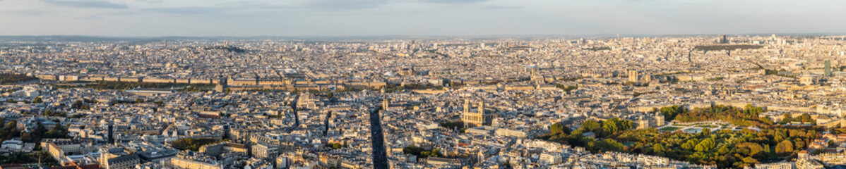 Fototapeta premium Extra wide aerial view of Paris at sunset