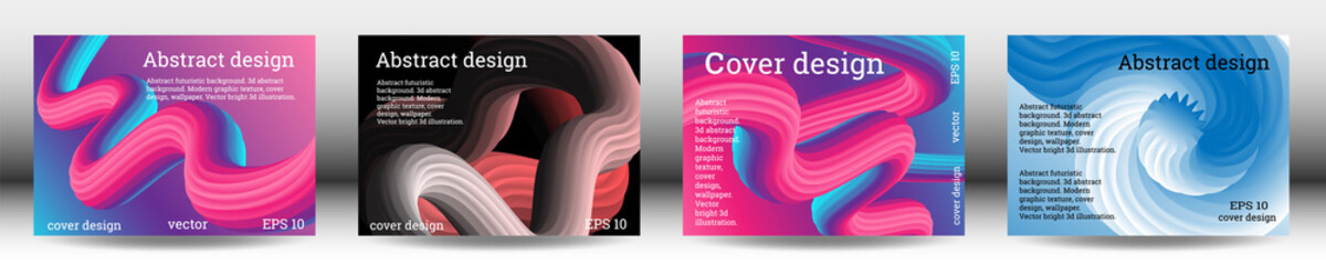 Set of futuristic abstract bright volumetric backgrounds. Body waves, cords. Creative modern background. Cover design, wallpaper, background. Vector EPS.