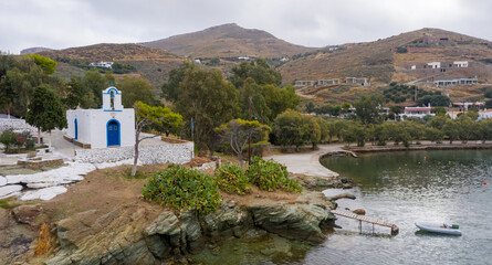 Fototapeta na wymiar Kea Tzia island, Greece. Small church at Otzias bay