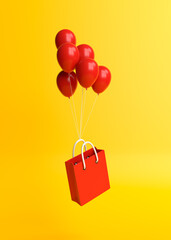 Flying shopping bag with balloons on a yellow background. Minimalist concept. 3d render illustration