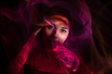 light painting portrait, new art direction, long exposure photo without photoshop, light drawing at long exposure	
