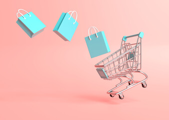 Flying shopping cart with shopping bags on a pink background. Shopping Trolley. Grocery push cart. Minimalist concept, isolated cart. 3d render illustration
