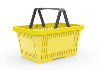 Fototapeta premium Yellow empty shopping basket isolated on white background. 3d rendering illustration