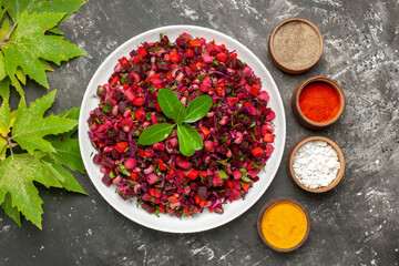 top view tasty vinaigrette beet salad with seasonings on dark background health diet meal
