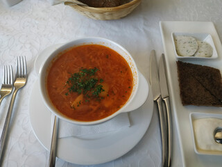 Served with black bread toasts, lard with garlic and sour cream