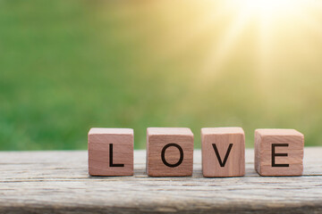 Text written to wooden blocks, word love. Valentines day concept with copy space