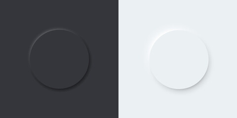 3D vector buttons neumorphic design. Geometric shapes: circle, square, .rectangle on black, dark, white background with light shadows. Web elements geometry modern trend tree-dimensional design.