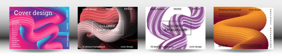 Set of futuristic abstract bright volumetric backgrounds. Body waves, cords. Creative modern background. Cover design, wallpaper, background. Vector EPS.