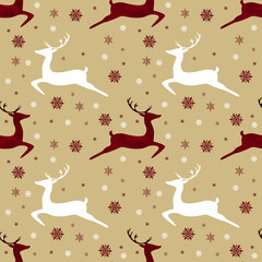 Christmas seamless pattern with deers and snowflakes on a beige background for New Year, Christmas holiday, wallpaper, wrapper, background