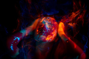 Lucid Dreaming series. Backdrop of human face and colorful fractal clouds on the subject of dreams,...