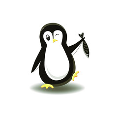 Isolated element on a white background. Cute cartoon penguin. Penguin Day. January 20th. Vector. The penguin winks and walks with a fish in his hand. Suitable for children's illustrations and banners 