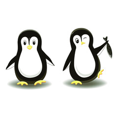 Isolated elements on a white background. Two cartoon penguins. Penguin Day. January 20th. Vector. Penguin
stands and the penguin walks and holds the fish. Suitable for children's illustrations and ban