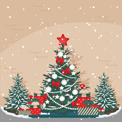 Christmas background with fir tree, decorations and gifts. Merry christmas and happy new year. Vector illustration.