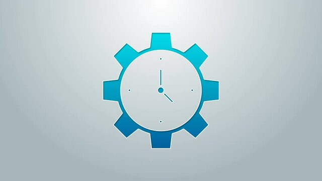 Blue line Time Management icon isolated on grey background. Clock and gear sign. Productivity symbol. 4K Video motion graphic animation