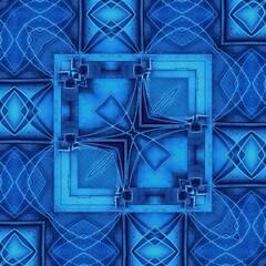 intricate geometric welded metal security gate pattern and square format designs in bright blue colours