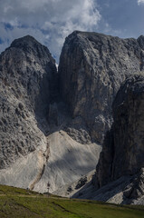 View of Croda del Alpe, Molignon di Mezzo and Molignon di Fuori mountains as seen from Alpe di Tires refuge, Catinaccio/Rosengarten massif,  Dolomites, Trentino, South Tyrol, Alto-Adge, Italy.