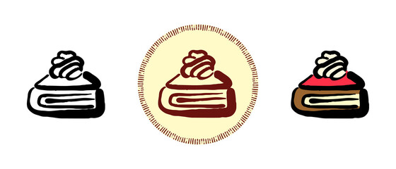 This is a set of icons with a different style of a piece of cake. Outline, color and retro symbols of a piece of cake. Freehand drawing, doodles. Stylish solution for website and label.