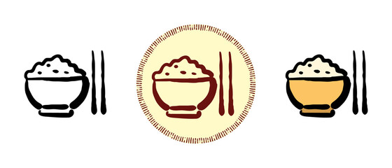 This is a set of icons with different styles of boiled rice. Contour, color and retro symbols of boiled rice. Freehand drawing, doodles. Stylish solution for website and label.