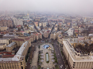 Aerial drone view of the central square of Kiev: Independence square.