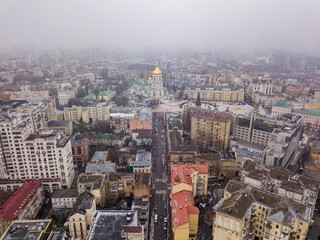 Obraz premium Aerial drone view of the central streets of Kiev. St. Sophia Church on the horizon