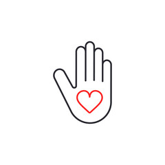 Human Palm with Heart Inside icon Logo Design Vector isolated line Illustration. Charity and Donation concept