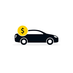 Car with coin icon. Save money for buying a car. Transport rental concept isolated illustration