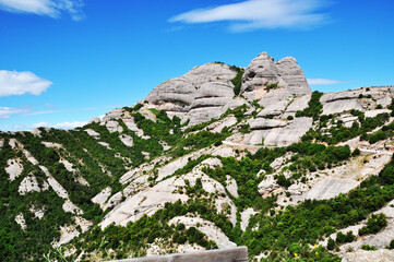 Mountain landscape. High mountains with green trees. Summer day in the mountains.