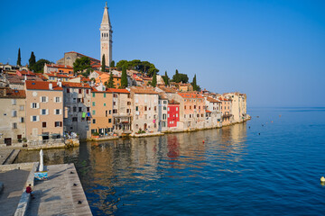 Fototapeta premium The coastline of the Peninsula with panoramic views of the old town of Rovinj. Croatia. Shooting from the air.