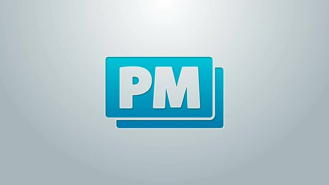 Blue line Clock PM icon isolated on grey background. Time symbol. 4K Video motion graphic animation