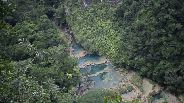 selva de semuc champey  con rio en medio de color azul 
