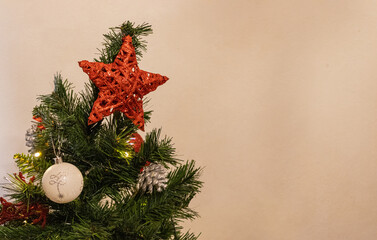Christmas tree with red star decoration on top.