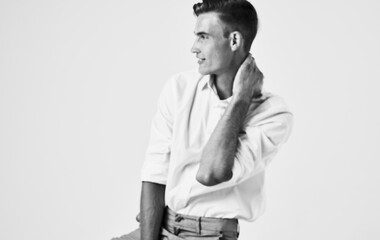 photo of handsome man on light background cropped view