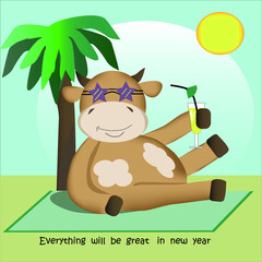 Cartoon bull with best wishes, symbol of the year